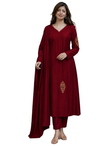 Image of ANNI Designer Kurta Set for Women Viscose Embroidered | A-Line Kurta Pant Dupatta Set for Woman | Long Sleeve V-Neck Stylish Ethnic 3 Piece Outfit Trendy Women Clothing