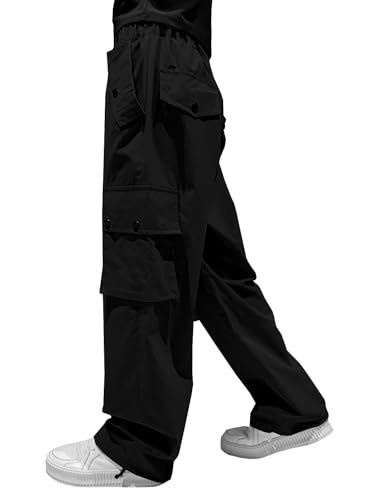 Image of HENGAO Girls Y2k Cargo Pants Drawstring Harajuku Jogger Parachute Pants with Pockets, Black,13-14 Years = Tag 170