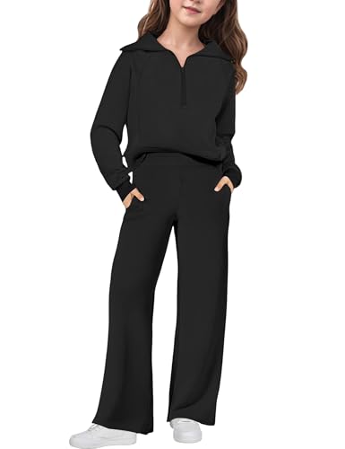 Image of BAVADER Girls Clothes 7-14Y Solid Color Half Zip Pullover Sweatshirt Fleece Lined Kids Sweatpants