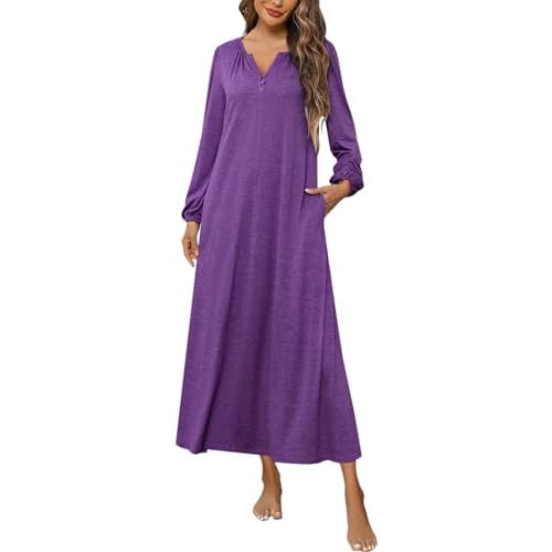 Marvmys Womens Cotton Long Sleeve Nightgown Long Sleepshirts Full Length Henley Sleep Dress with Pockets Purple XX-Large