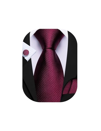 Barry.Wang Men Ties Burgundy Solid Colors Necktie Handkerchief Cufflink Set Formal Wedding Business Prom