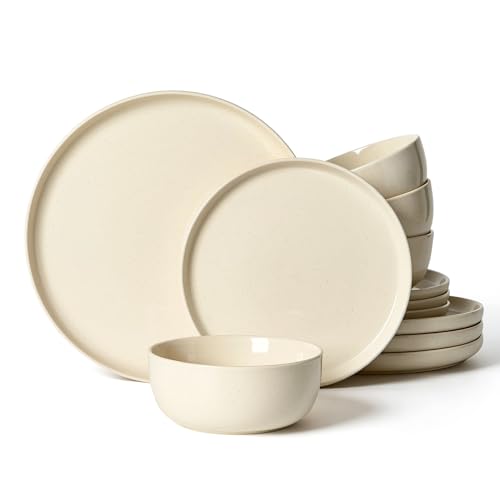 Image of Famiware Milkyway Stoneware Dinnerware Set, 12-Piece, Plates and Bowls for Everyday & Formal Dining, Service for 4, Microwave and Dishwasher Safe, Scratch-Resistan, Almond Milk