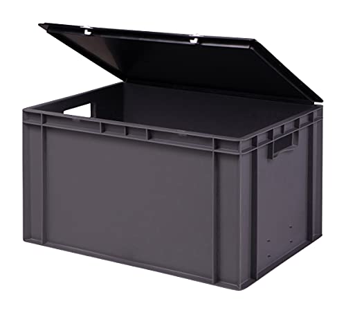 1a-TopStore Stabile Profi Aufbewahrungsbox Stapelbox Eurobox Stapelkiste mit Deckel, Kunststoffkiste lieferbar in 5 Farben und 21 Größen für Industrie, Gewerbe, Haushalt (grau, 60x40x33 cm)