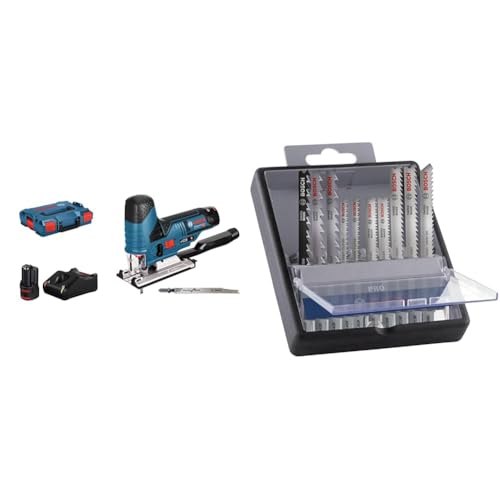Bosch Professional 12V System Akku Stichsäge GST 12V-70 (inkl. Akku, GAL 1230 CV, 2x Stichsägeblätter) + 10x PRO Hardwood and Laminate Stichsägeblatt-Set (für Hartholz, Parkett, Länge 83 mm, Zubehör)
