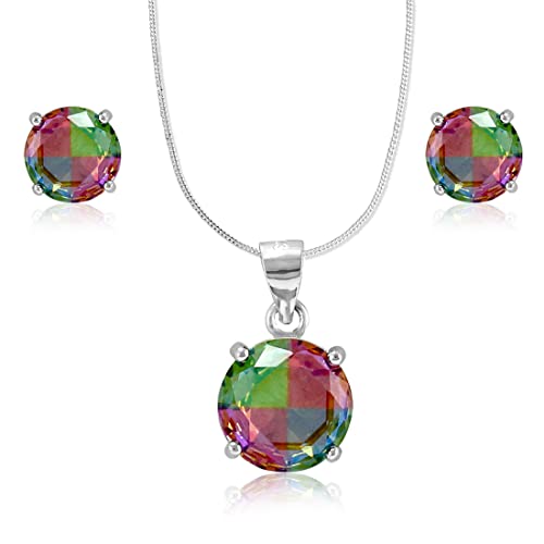 TARAASH Rainbow Collection 925 Sterling Silver Multicolor Round Shape CZ Jewellery Set For Women