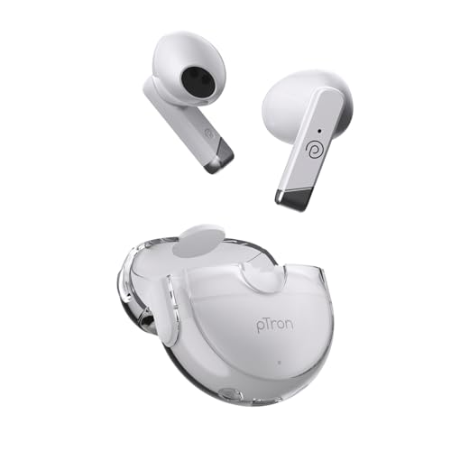 Image of pTron Bassbuds Fute 5.1 Bluetooth Truly Wireless Featherlite TWS in Ear Earbuds with Mic, 25Hrs Playtime, 13mm Driver, Immersive Audio Headphones, Touch Control, Voice Assist & Fast Charging (White)