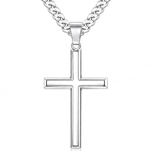 TenKa Cross Necklace for Men 316L Stainless Steel Mens Cross Necklaces Bold Silver Pendant with Waterproof 5mm Cuban Chain 24 Inch