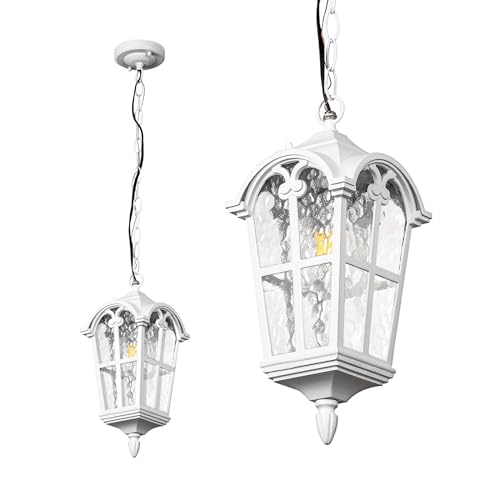 Outdoor Pendant Light for Porch Patio Garden Yard, Anti-Rust Aluminium Exterior Hanging Light Fixtures, Outside White Vintage Hanging Ceiling Light, Height Adjustable Outdoor Pendant Lamp