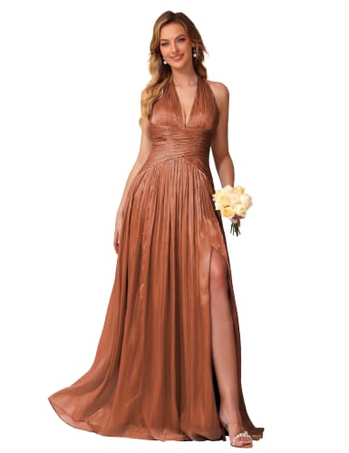 Image of Shimmer Chiffon Bridesmaid Dresses for Women Long | Deep V Neck,Pleated,Knotted,Empire Waist,with Slit,Breathable,Lightweight,Flowy,Formal Evening Dress