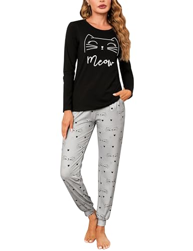 Sykooria Schlafanzug Damen Lang aus Baumwolle Langarm V-Ausschnitt Kontrastkante Design Zweiteilige Pyjama Damen Set Oberteile & Pyjamahosen,...