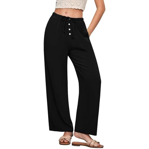 Pantalon en lin femme taille haute léger et fluide style palazzo coupe unie