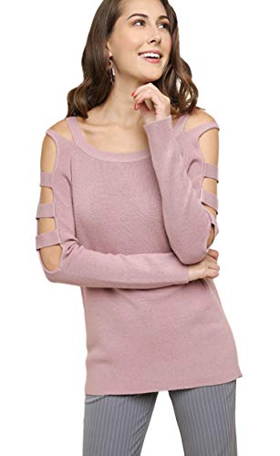 Umgee Women's Long Sleeve Boatneck Pullover Sweater With Lattice Cutout Sleeves (Medium, Light Mauve) #TOP17
