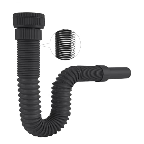 Hibbent Sifon Lavabo, Universal de 1-1/4” ó 1-1/2” (≈40 & 45mm), Sifón Lavabo Flexible Inodoro con Alambre de Acero Incrustado, y Salida de 32 mm, Para Lavabo de Cocina y Baño, Negro