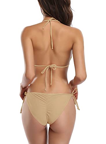 Shekini Women's Triangle Bikini Set Halter Sexy Bathing Suits String Low Waisted Two Piece Swimsuit (Small, Loas Tan) #TOP1