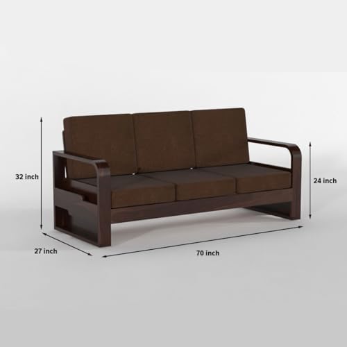 Image of Solid Sheesham Wooden 5 Seater Sofa Set for Living Room | Sofa Set with Side Pocket Storage & Cushion | Rosewood Sofa Set for Home (Walnut with Brown Cushion, 5 Seater)