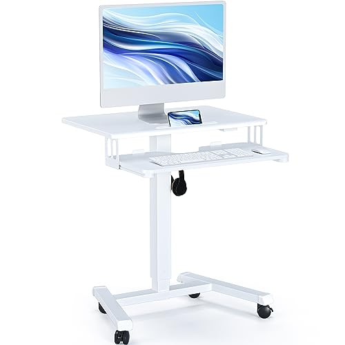 BONTEC Mobile Standing Desk with Keyboard Tray, Mobile Podium, Rolling Laptop Sit Stand Desk on Wheels, Adjustable Height Up to 33lbs, Portable Computer Workstation Cart for Living Room, Off