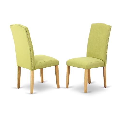 Image of East West Furniture ENP4T07 Encinal Parson Dining Chairs - Nailhead Trim Limelight Linen Fabric Upholstered Chairs, Set of 2, Oak