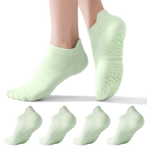 Image of 4 Pairs Pilates Socks with Grips for Women, Non-Slip Grip Yoga Athletic Socks for Barre Barefoot Workout