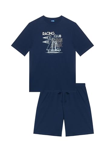 YAMAMAY - Pijama de cuello redondo corto, hombre, algodón, azul noche, azul oscuro, L