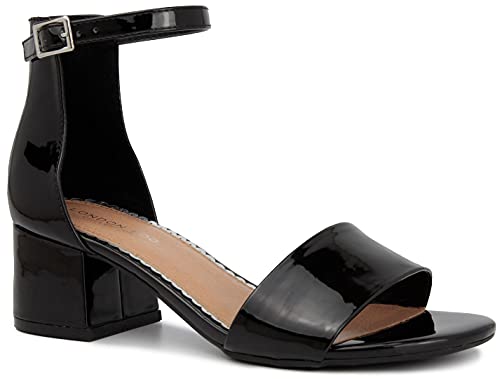 LONDON FOG Women's Nikki Low Two Piece Block Heel Dress Shoe Ladies Ankle Strap Pump Sandal black patent 6