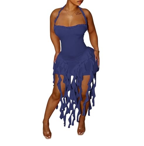 Image of Aro Lora Womens Sexy Halter Neck Sleeveless Ruffle Tassel Party Club Bodycon Mini Dress