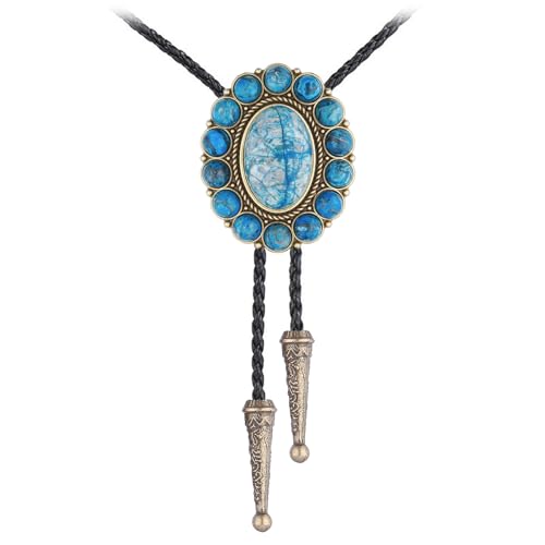 Image of GelConnie Bolo Tie for Men Women Western Cowboy Turquoise Leather Necktie | Natural Stone Bolo Tie Necklace for Women Rodeo Cowboy Leather Necktie Native American Western Cowgirl Ties Adjustable Cord