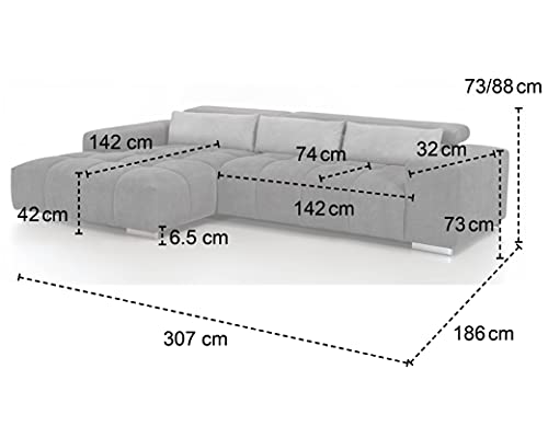 Mivano Eckcouch Orion / Großes Ecksofa mit XL-Recamiere inkl. Relaxfunktion, Kopfteilfunktion und Kissen / 307 x 73 x 186 / Velours, Grün – Bild 4