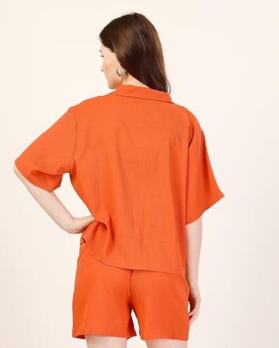 Image of Fashfun Women's Coord-Set (Solid Orange Crepe Collar Neck Shirt with Pant-Set of 2)