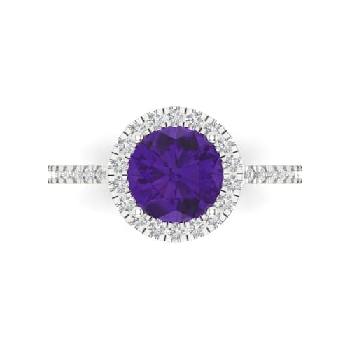 1.8 ctw Round Cut Solid Gold Engagement Ring for Women - 14K White Gold - Natural Amethyst Wedding Promise Ring for Her
