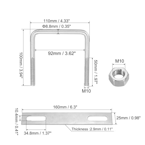 Image of PATIKIL M10x90x100mm Square U-Bolts Kit, 2Set 304 Stainless Steel Square U Shaped Bolts Replacement Parts with Frame Plates and Nuts for Ski Board Sailboat Trailer