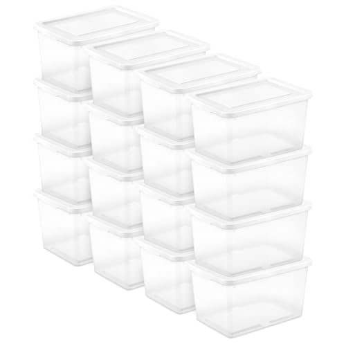 Sterilite 16 Pack Storage Box, 20 Quart Stackable Tote, Clear Plastic Container with Secure Snapping Lids for Home and Office Organization, White
