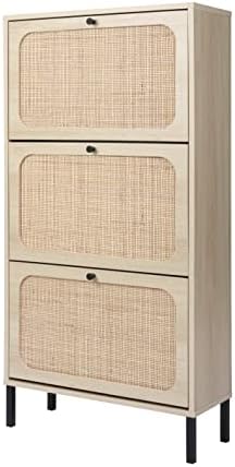 ZeHuoGe Natural Rattan Shoe Cabinet with 3 Flip Drawers, Modern 3-Tier Shoe Rack Storage Cabinet for Heels, Boots, Slippers, Free Standing Shoe Rack, Entrance Hallway Entryway