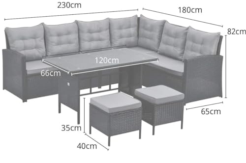 EVRE Monroe Black Outdoor 8 Seat Wicker Rattan Garden Furniture Dining Set Cushioned Classic Corner Sofa Chair Glass Top Table and Footrest for Patios Conservatories Rectangular - Image 6