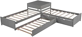 SOFTSEA Twin SizeL-Shaped Platform Bed Frame with Trundle and Drawers for 3 Kids Corner Platform Bed Frames with Storage Nightstand