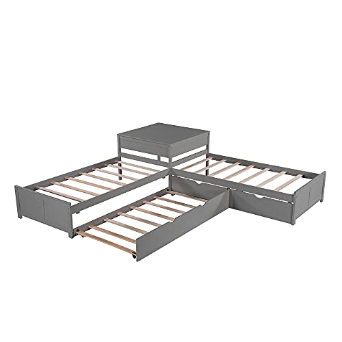SOFTSEA Twin SizeL-Shaped Platform Bed Frame with Trundle and Drawers for 3 Kids Corner Platform Bed Frames with Storage Nightstand