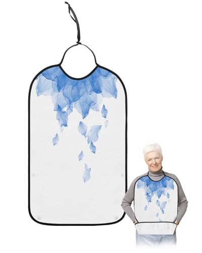 LEOKOTI Blue Ombre Adult Bibs for Eating, Waterproof Bibs with Food Catcher & Adjustable Snap Closure, Watercolor Blue Floral Modern Abstract Art Washable Clothing Protectors Adult Bibs for Elderly