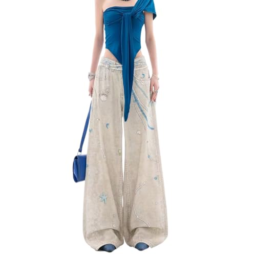 Harajuku American Retro Chain lace Printed Jeans Spicy Girl Design, Loose Personalized Straight Leg Wide Leg Jeans