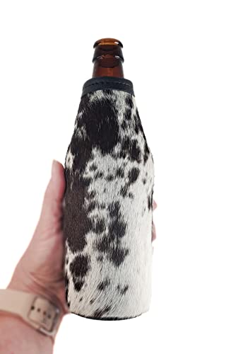 Cowhide Beer Bottle Holder, Leather Beer Coolie, Beverage Huggie, Brew Sleeve (Brown/White Speckled)