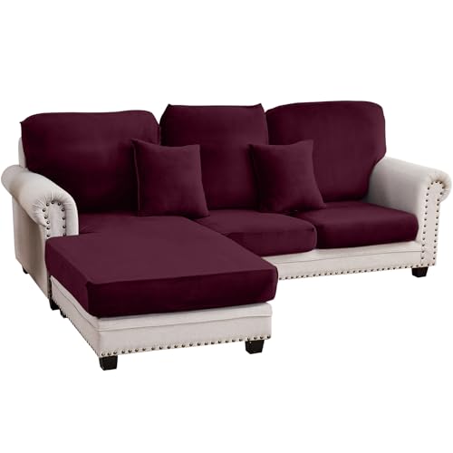 Image of Couch Cover 3-Piece Elastic Velvet Couch Cushion Covers & Chaise Slipcovers for L-Shaped Sofas, Sofa Seat Covers Washable, Soft Cover for Couches (2 Seater + Chaise, Wine)
