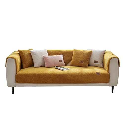 VanderHOME Sofa Cover 1 2 3 4 Seater, Lambswool Couch Cover,Universal Non-Slip Corner Sofa Cover L Shape Super Soft Autumn Winter Sofa Slipcovers for Living Room 70 * 70cm-Yellow-Armrest (1 PC)