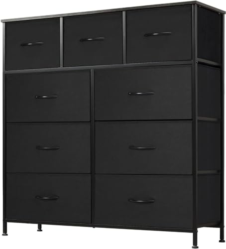 DUMOS Kommode mit Schubladen - Kommoden & Sideboards für Schlafzimmer Geeignet, Komodenschrank mit 9 Schubladen, Stoffkommode mit Stabilem Stahlrahmen, Ideal für Schlafzimmer, Wohnzimmer (Schwarz)