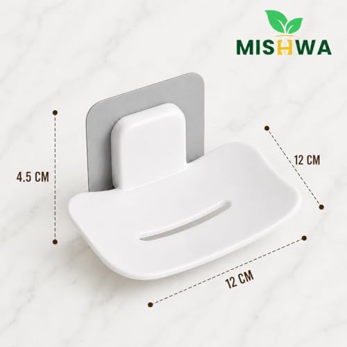 Image of Self-Adhesive Soap Holder for Bathroom (Pack of 2) Wall Mounted No-Drill Soap Stand with Water Drainage | Strong Sticker Plastic Soap Dish for Wash...