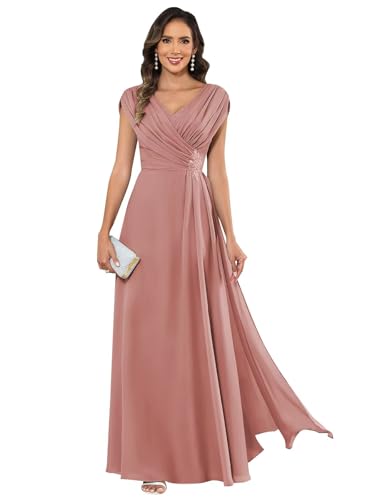 Modest Mother of The Bride Dresses for Women Cap Sleeve V Neck Chiffon Formal Wedding Guest Dress