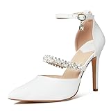 Cossansan White Heels for Women - Sexy Rhinestone High Heels Women’s Pumps Ankle Strapper Stiletto Heels Fashion Dressy Sparkle Pumps Shoes Women with Buckle Diamond Charm and Closed Toe Heels