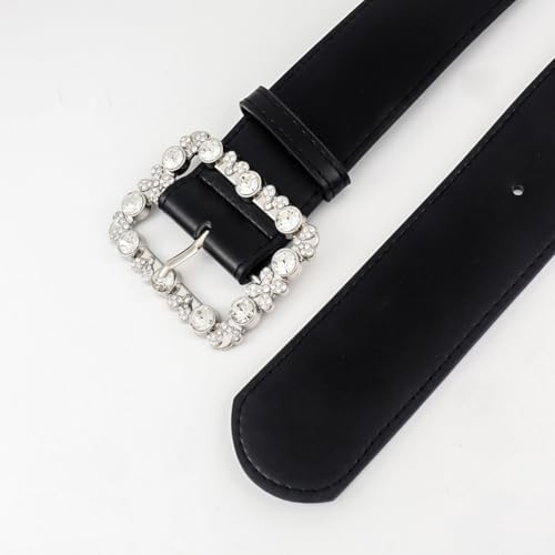 esowemsn 1PC Black Imitation Leather Waist Belt Women's Leather Belt with Square Rhinestones Buckle for Jeansn Pants Dress Skirt3