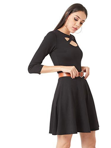 Image of Miss Olive Women's Black Solid Skater Knee-Long Belted Cut-Out Dress