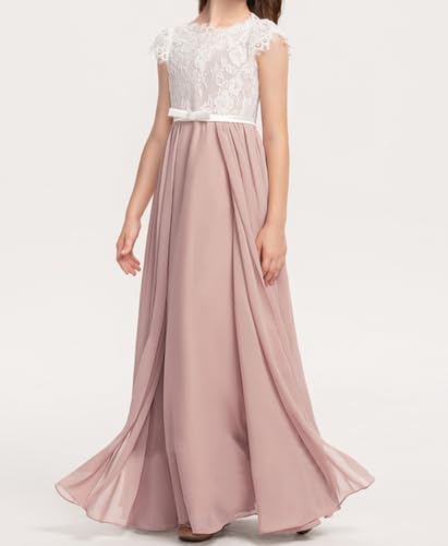 A-Line Scoop Floor-Length Satin Lace Chiffon Bridesmaid Dress with Bow Flower Girls Wedding Party Dresses T0384