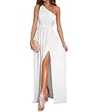 LYANER Women's One Shoulder High Split Sleeveless Ruched Cocktail Sexy Maxi Long Dress White Small