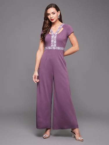 Image of Miss Chase Women's Halter Neck Sleeveless Solid Wide Leg Sequin Paneled Regular Length Jumpsuit