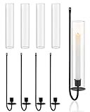 Teenyyou 4 Set Black Metal Wall Candle Sconce Holder Open Ended Glass Hurricane Candleholder Taper Tube Hanging Wall Mount Pillar Candle Holder for Living Room Farmhouse Fireplace Wedding